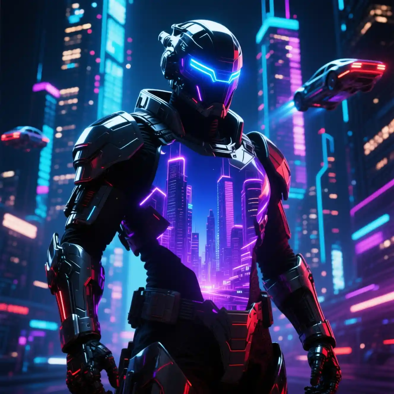 Futuristic armored warrior with neon sci fi city within