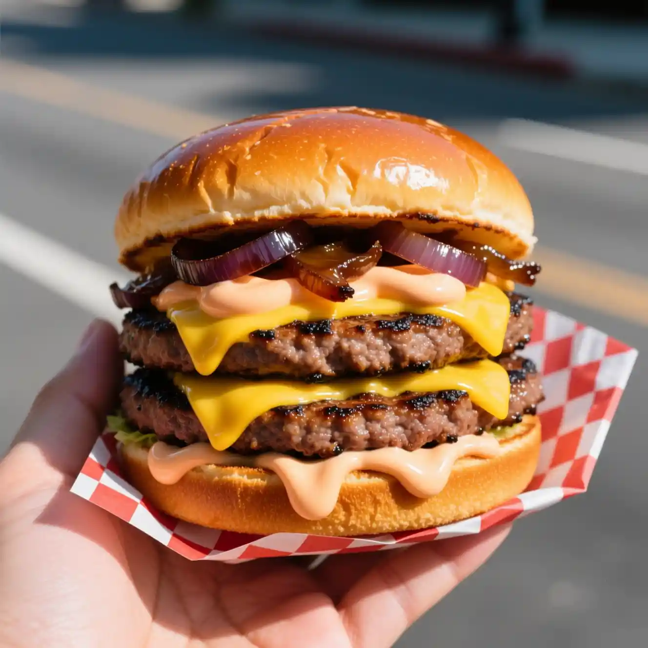 Close up gourmet double cheeseburger held in a hand