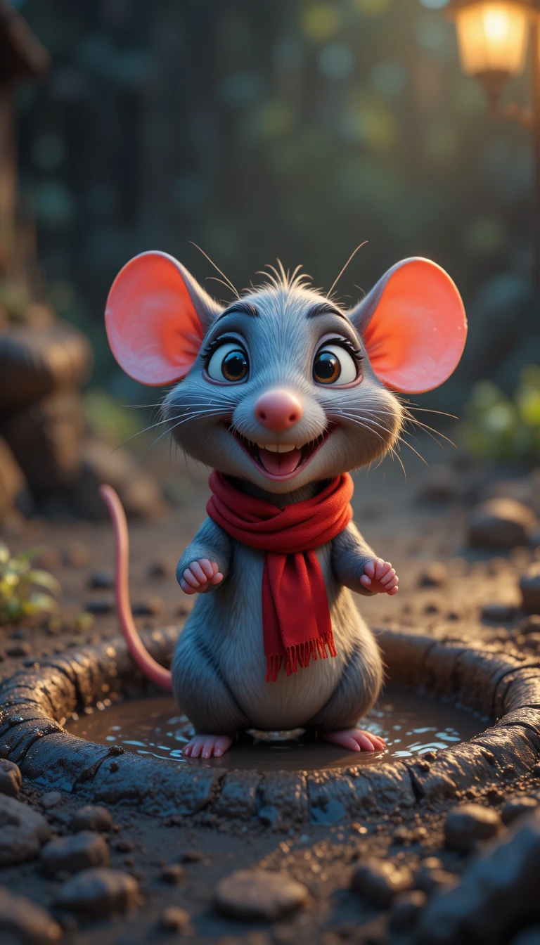 Allegro ratto 3D che emerge da una fossa fangosa di notte
