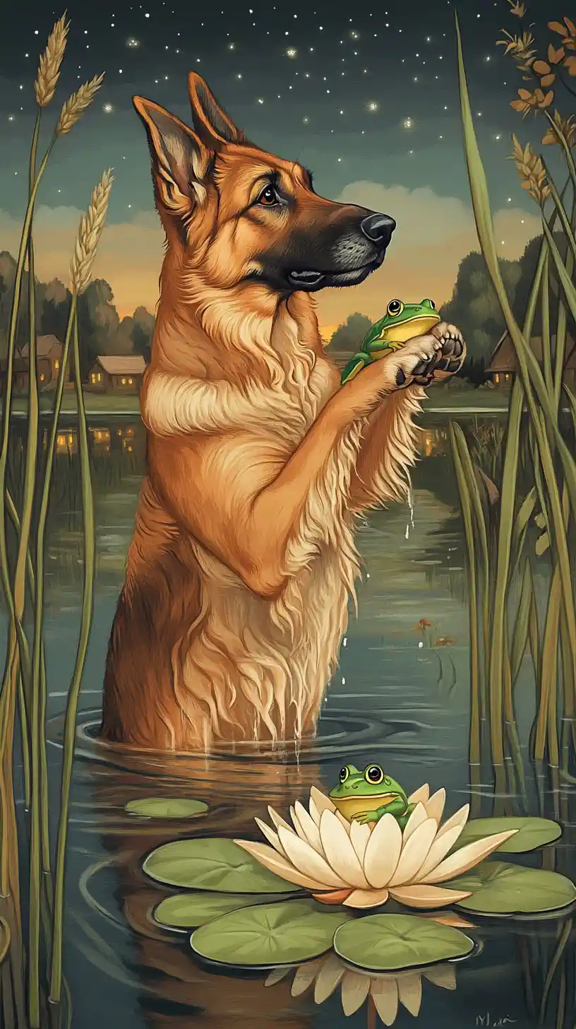 German shepherd touching a frog on a lily pond