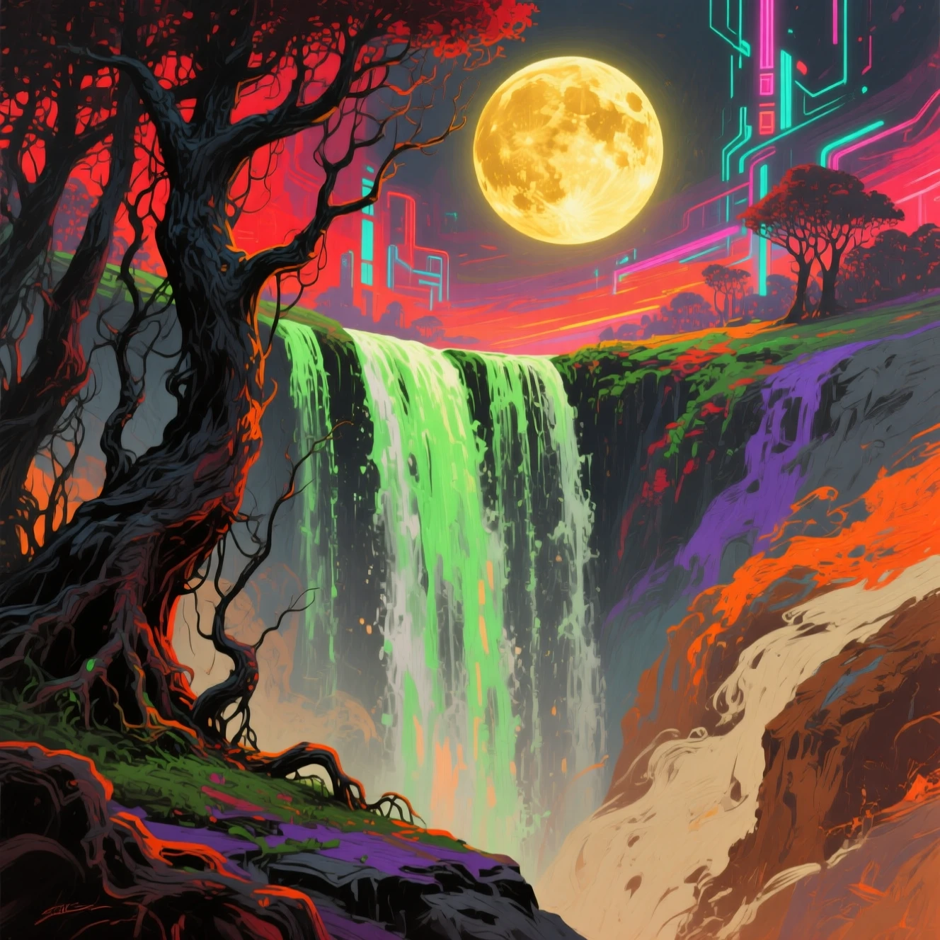 Surreal oil painting of a moonlit waterfall into darkness