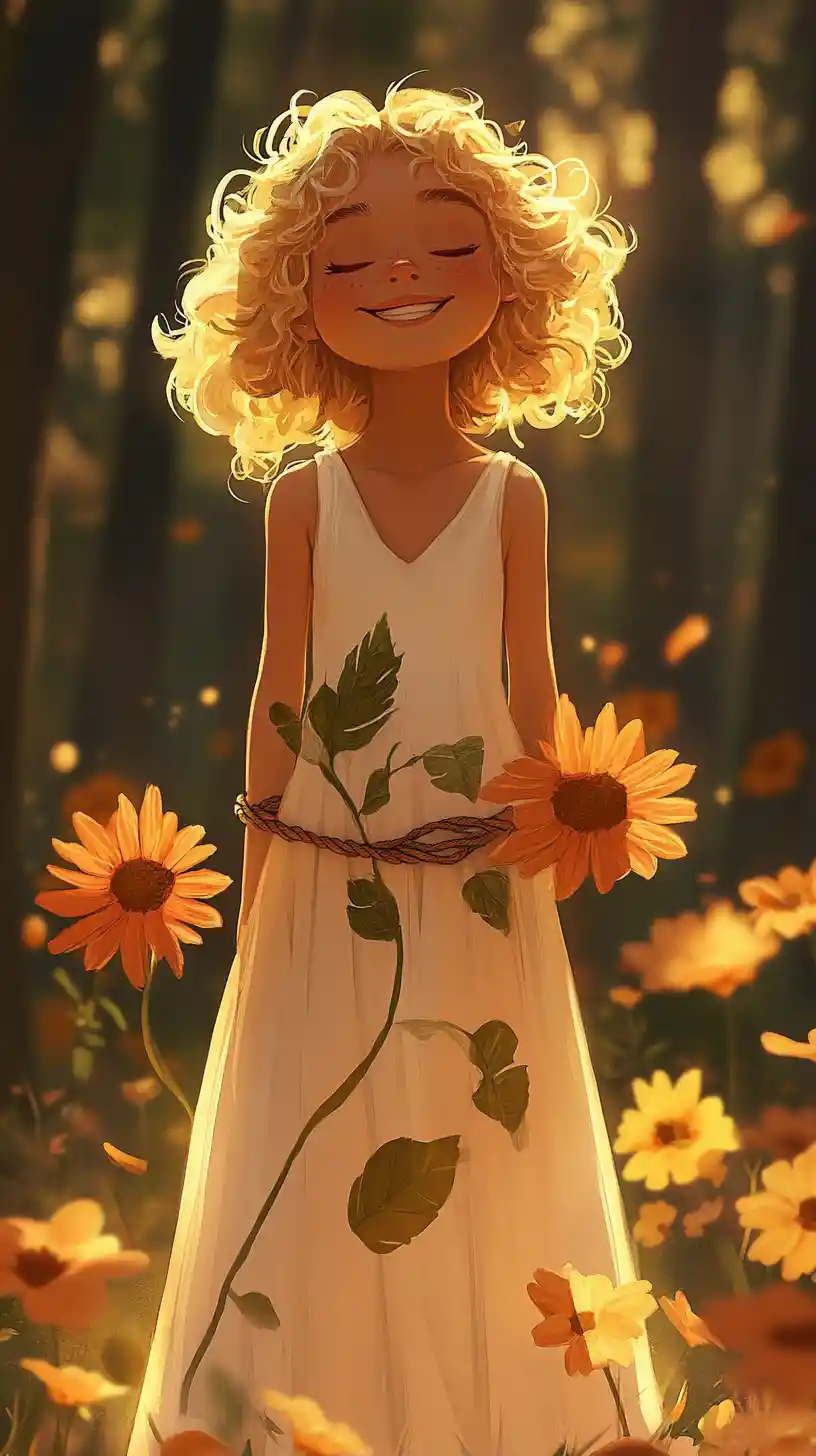 Young girl in floral dress in sunlit forest clearing