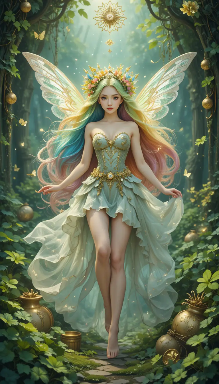 Rainbow haired fairy surrounded by lucky clovers