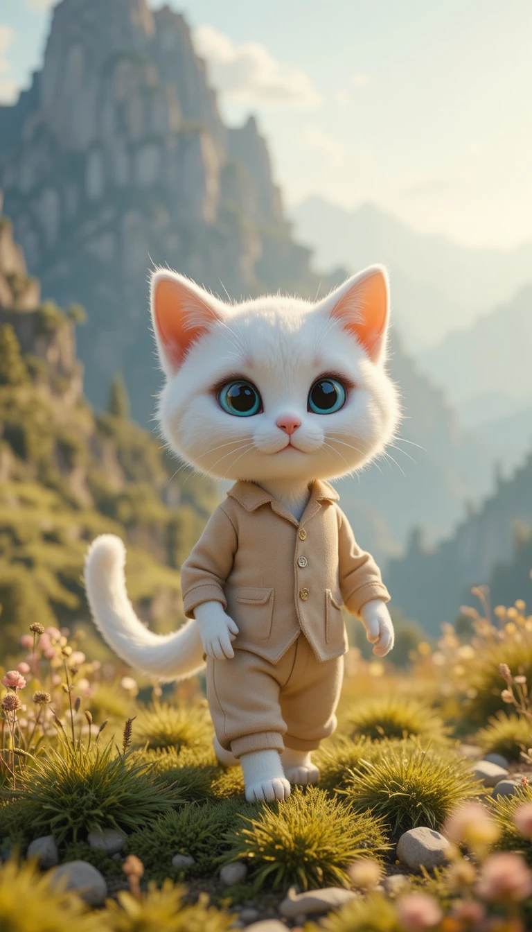 Gato blanco con atuendo beige en una colina de hierba soleada