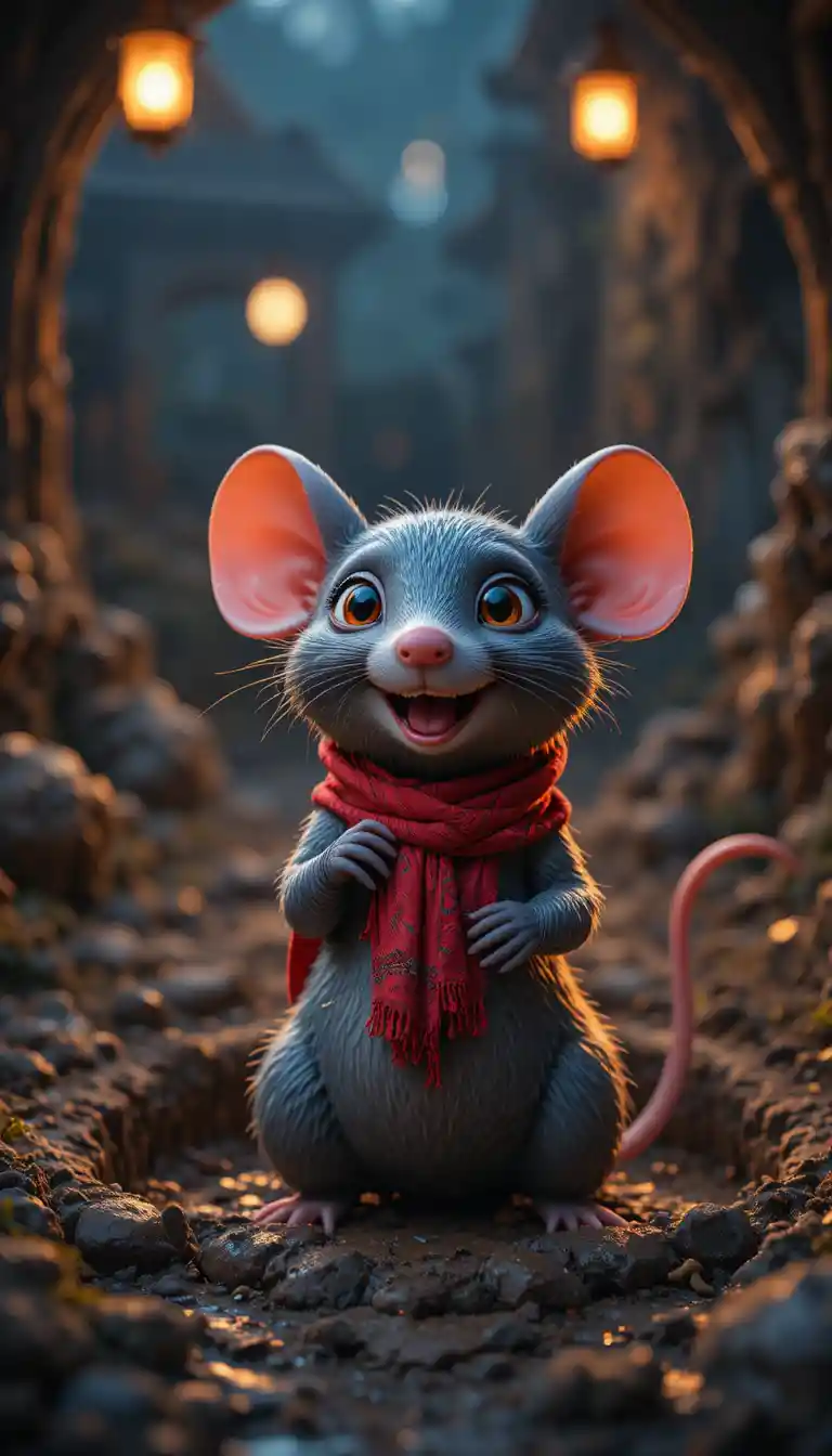 Rato 3D alegre saindo de um poço lamacento à noite