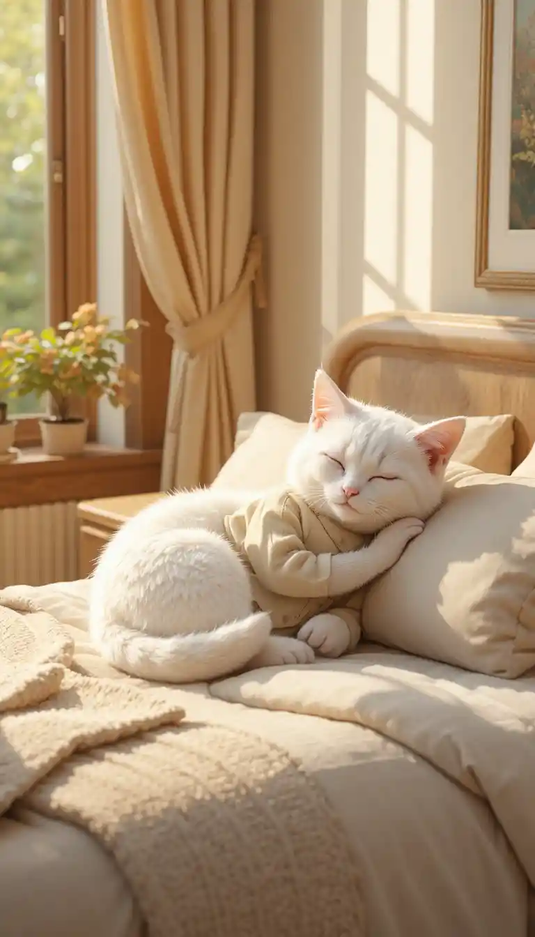 Chat blanc 3D dormant sur un lit de chambre douillet baigné de soleil