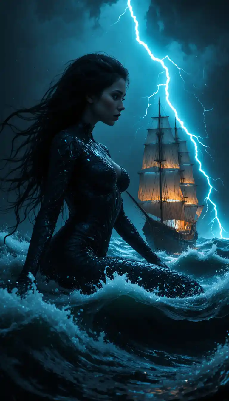 Gros Plan sur une Sirène Sombre dans une Mer Nocturne et Orageuse