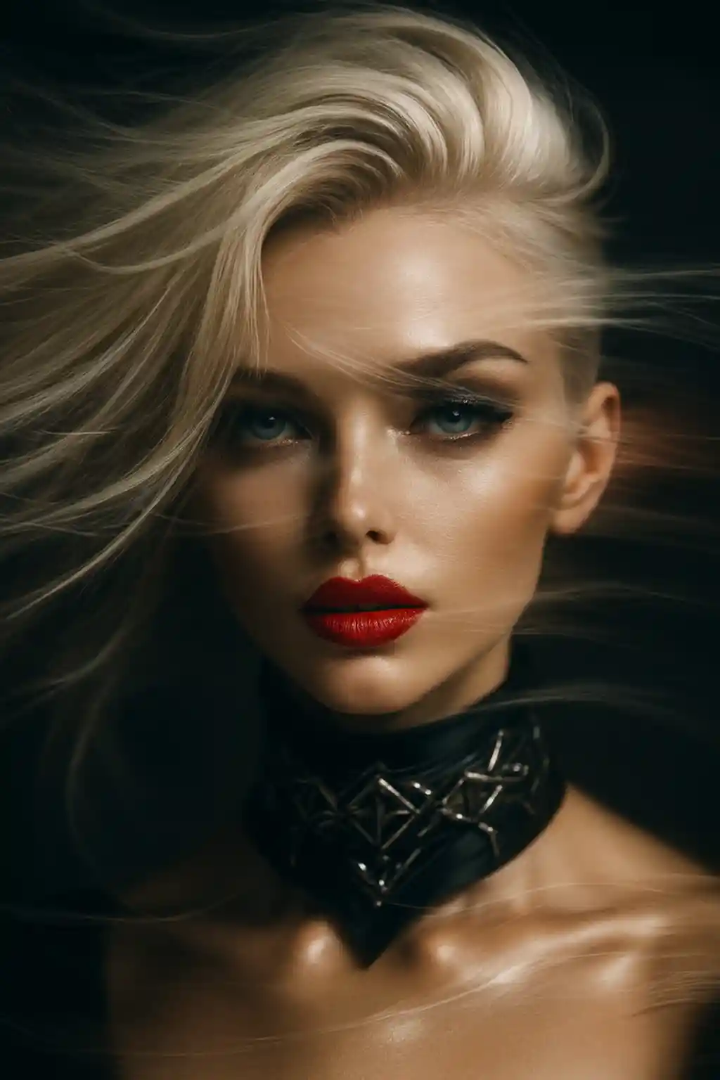 Blonde fashion portrait with glossy red lips and choker