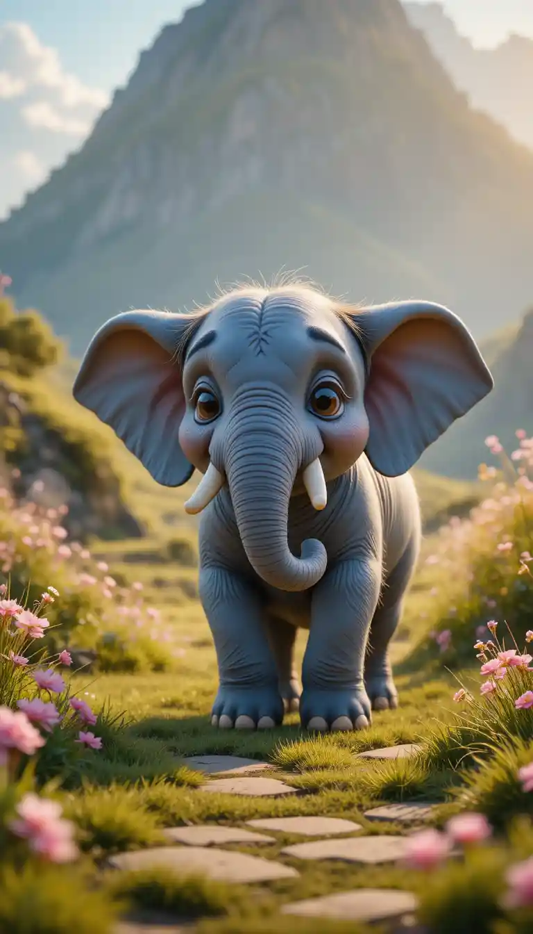 Elefante triste su una collina erbosa nella morbida luce del mattino
