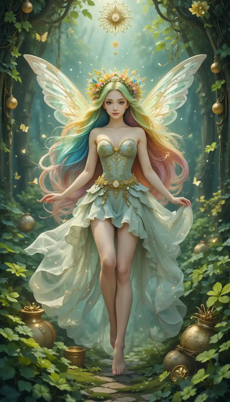 Rainbow haired fairy surrounded by lucky clovers