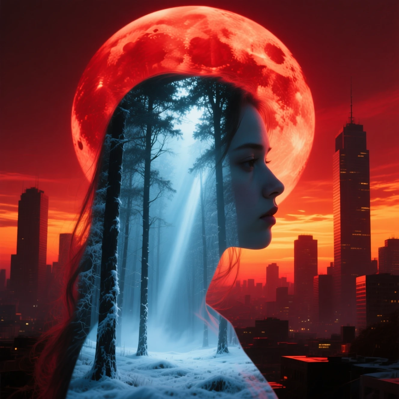 Double exposure profile portrait with forest and red moon