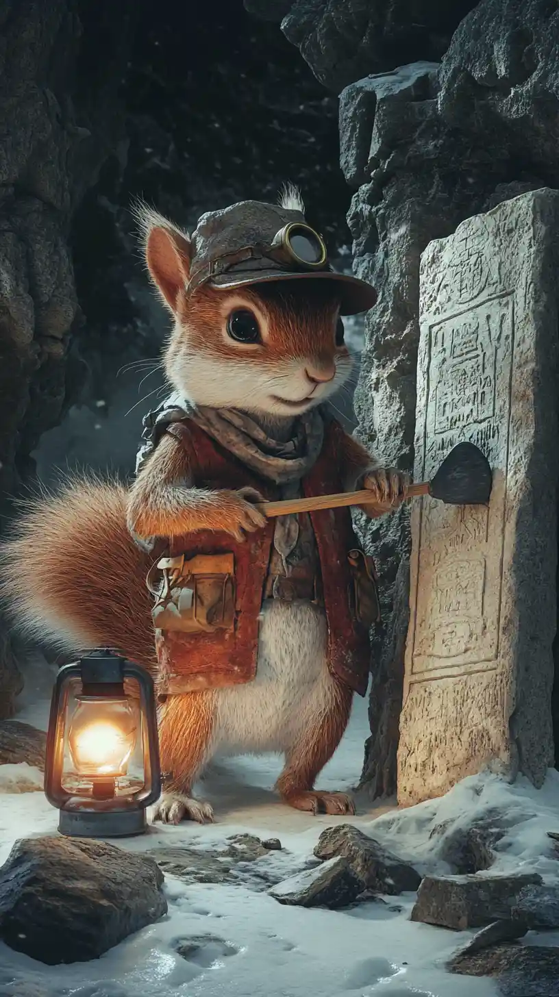 Anthropomorphic Squirrel Excavating A Stone Tablet