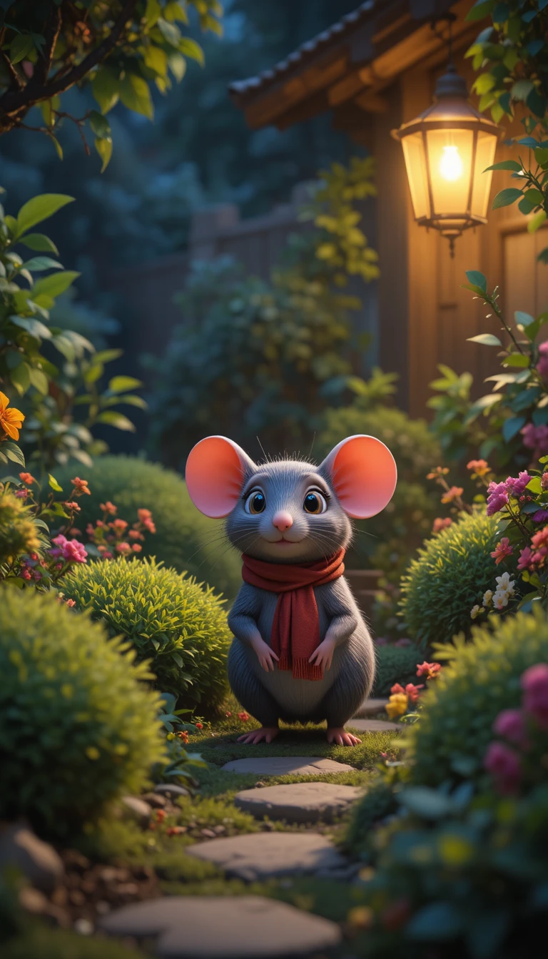 Rata 3D de dibujos animados en una acogedora escena de jardín nocturno