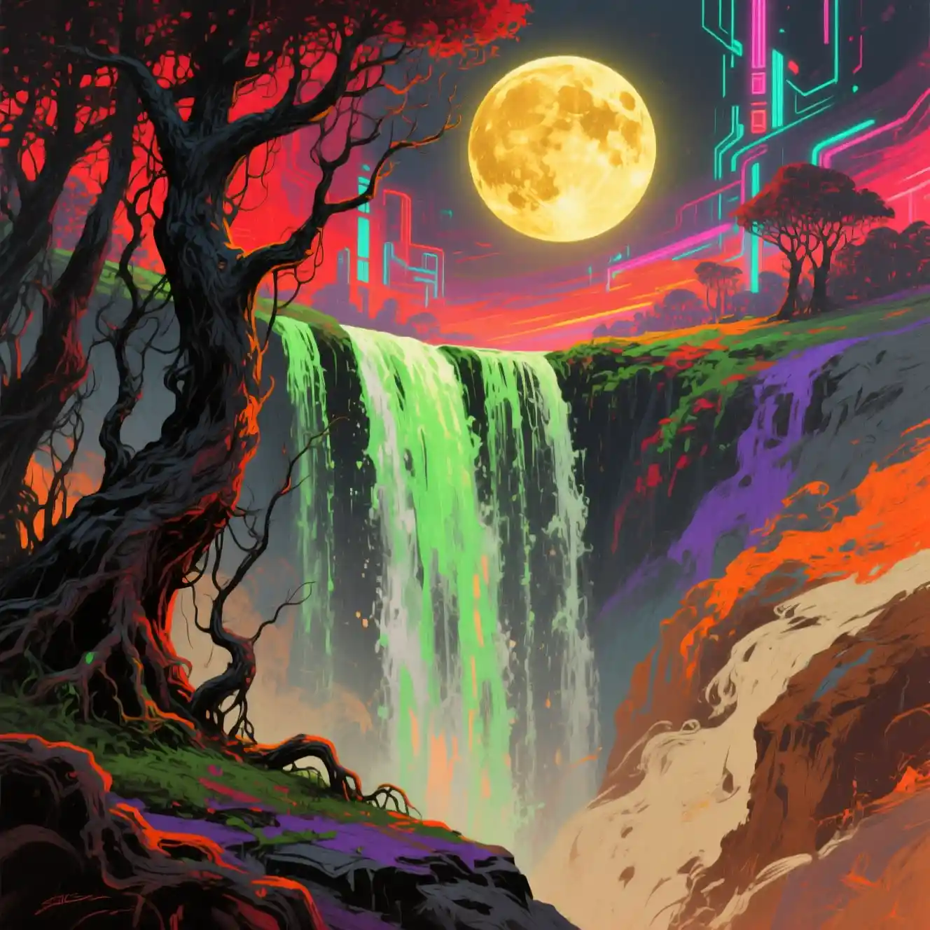 Surreal oil painting of a moonlit waterfall into darkness