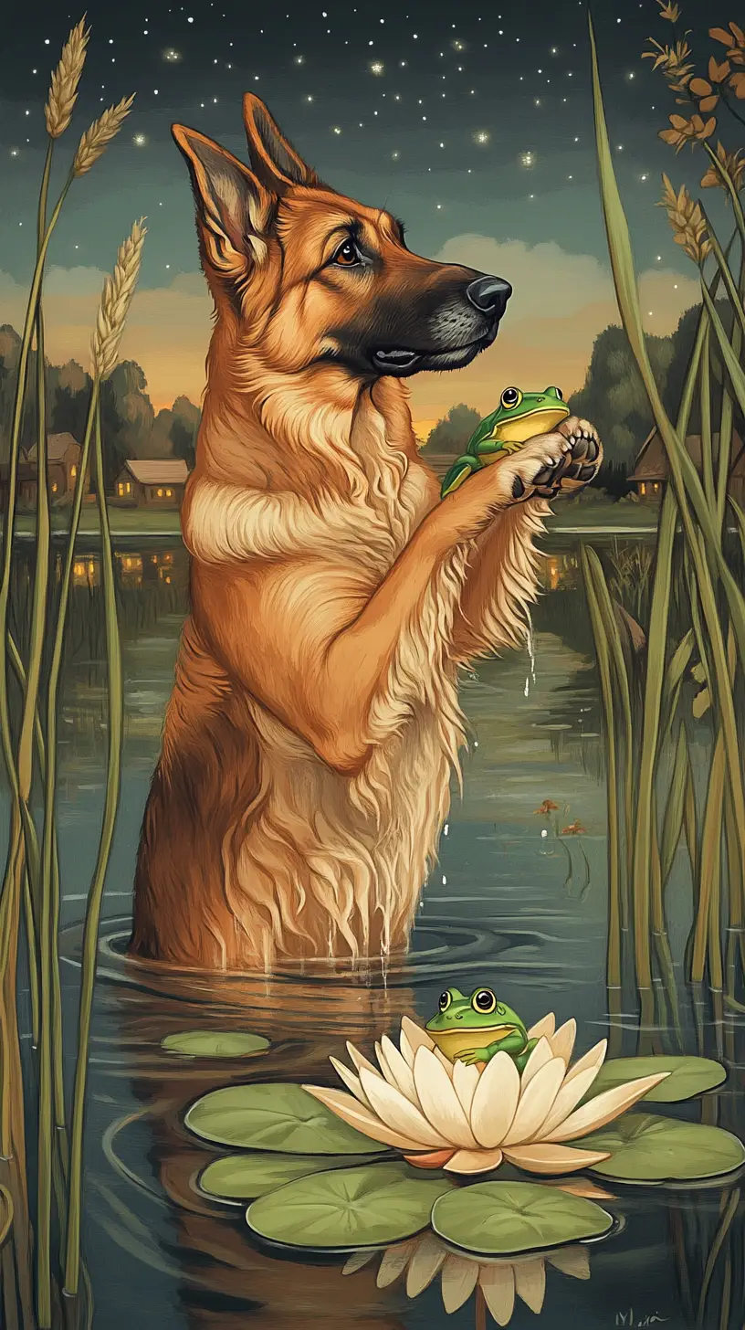 German shepherd touching a frog on a lily pond