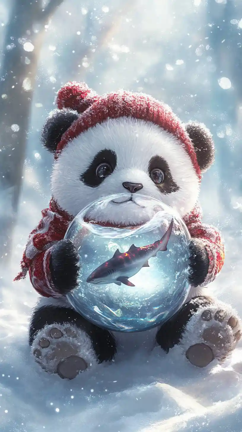 Flauschiges Panda-Plüschtier mit magischer Schneekugel im Wintersturm