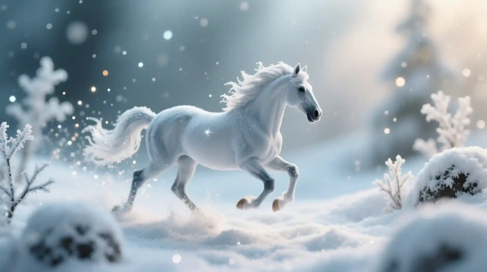 Macro winter scene of a running horse miniature