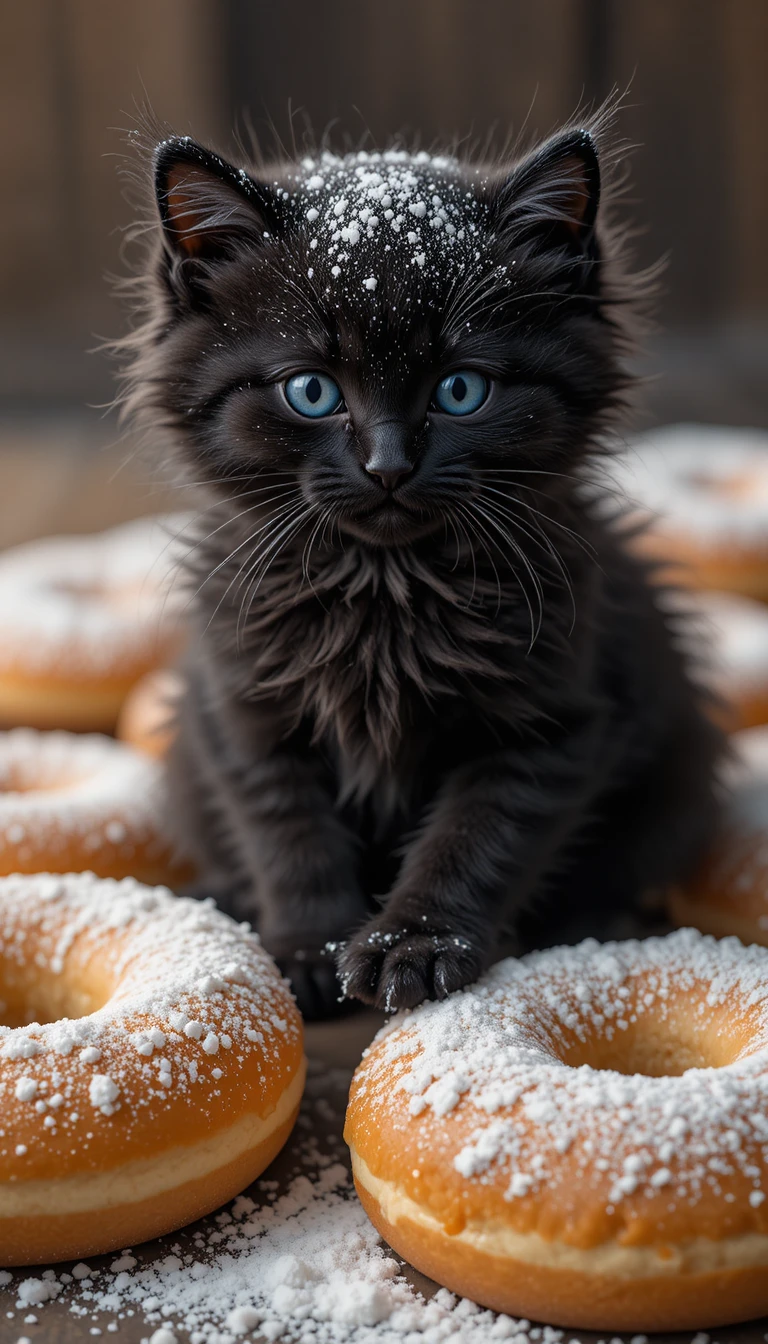 Niedliches schwarzes Kätzchen sitzt auf Puderzucker-Donuts
