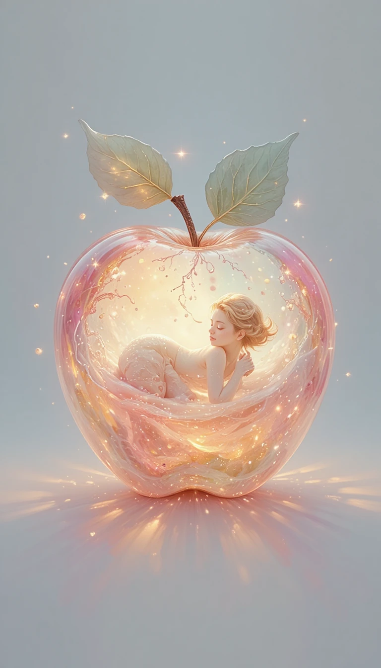 Glowing watercolor apple with a sleeping water spirit inside