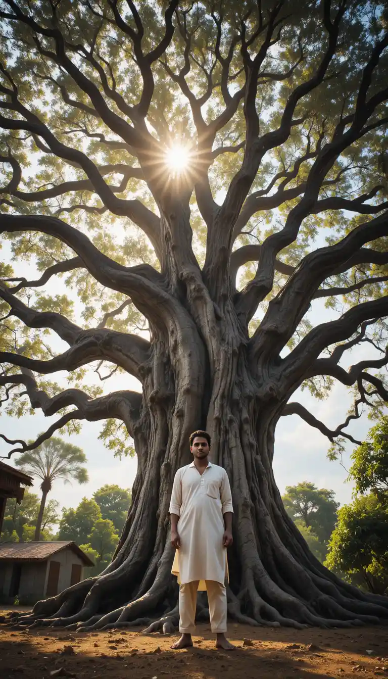 Uomo indiano in piedi accanto a un imponente albero del banyan