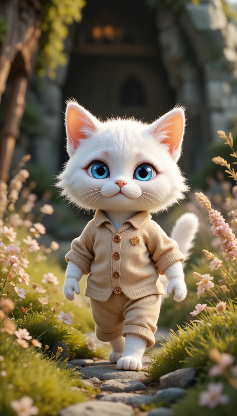Gatto bianco con abiti beige su una soleggiata collina erbosa