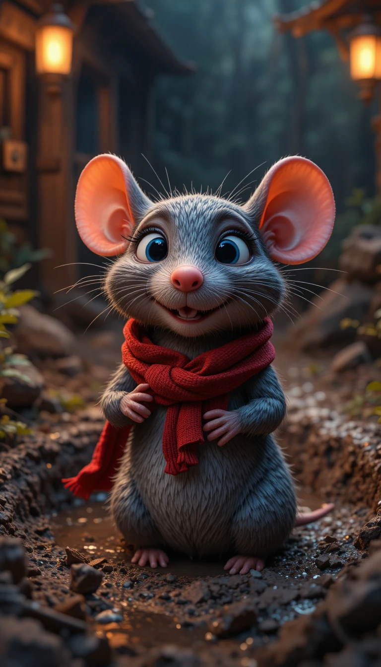 Rata 3D alegre que emerge de un pozo fangoso de noche
