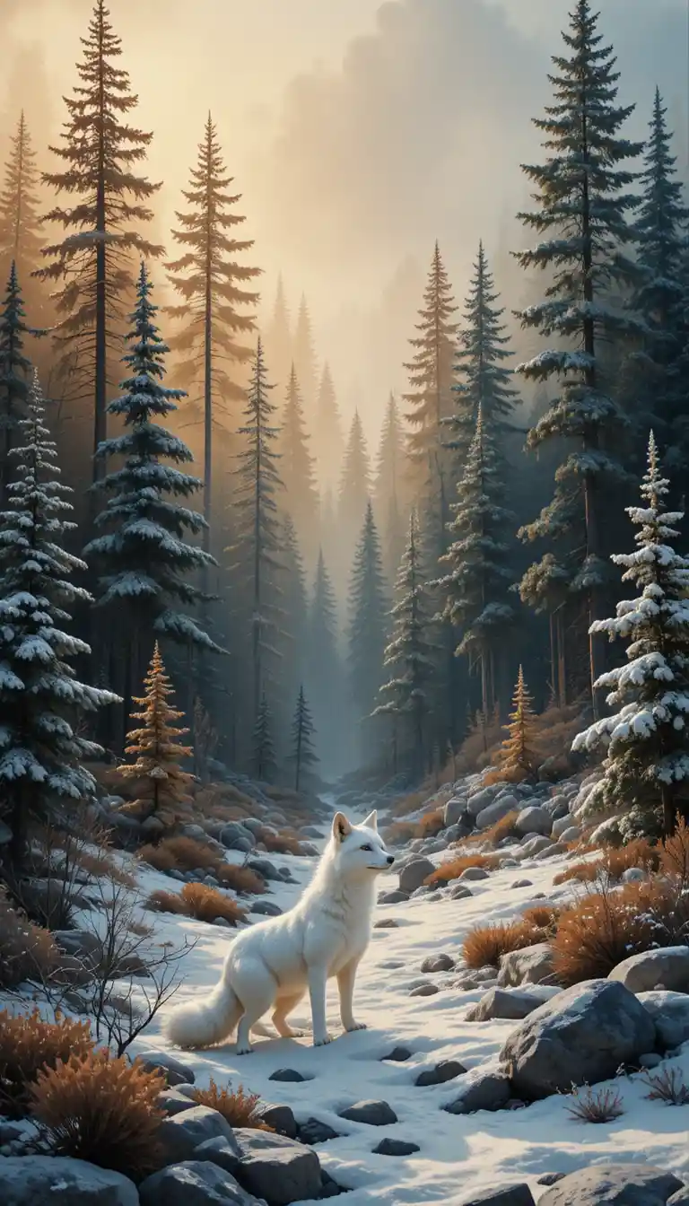 Floresta pós-impressionista dos sonhos com uma raposa da neve solitária