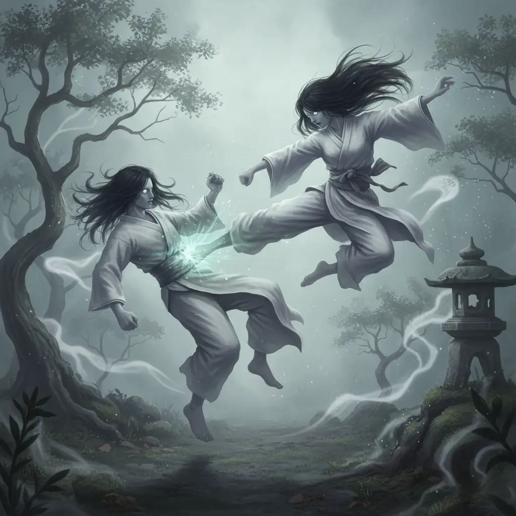 Male and female spirits in mid air martial arts clash