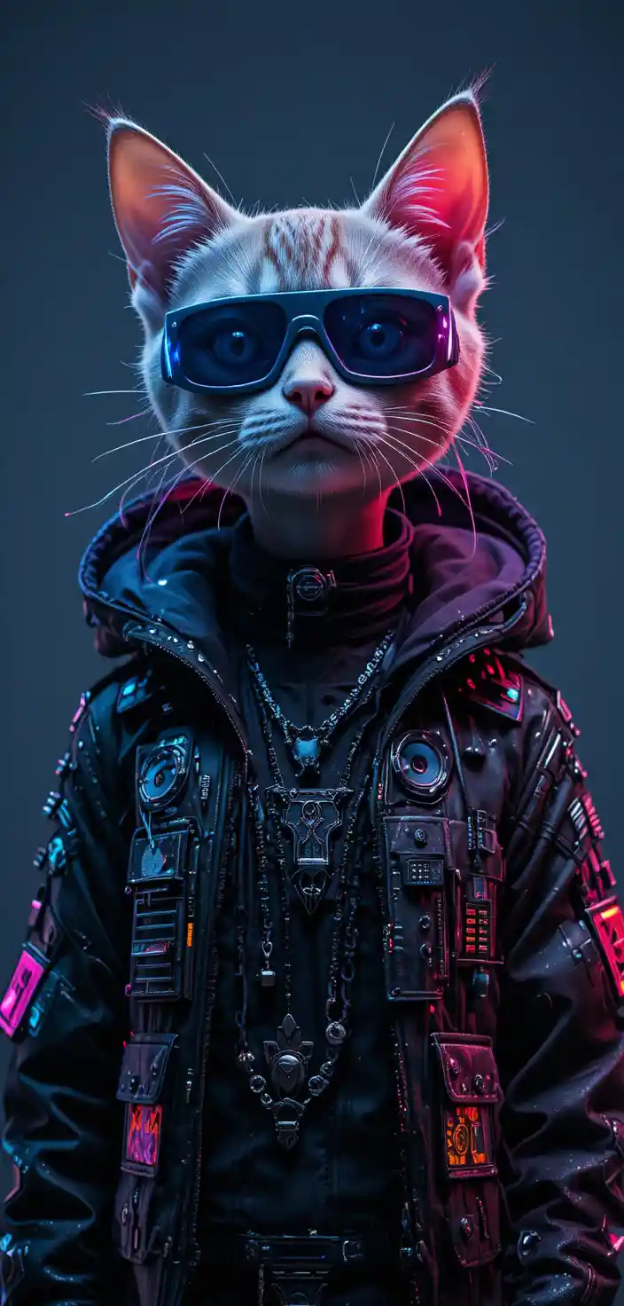 Cyberpunk cat portrait in a neutral studio setting