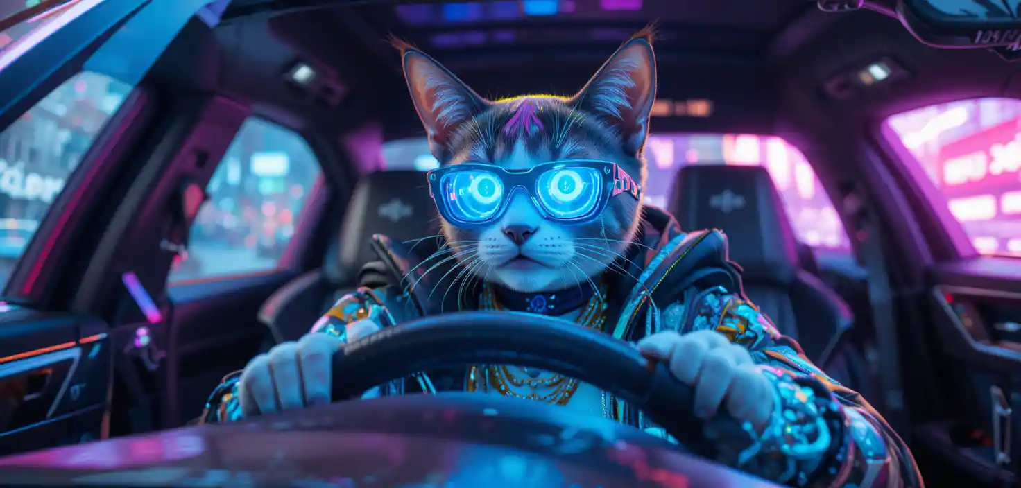 Gatto cyberpunk alla guida di una Cadillac scintillante in studio