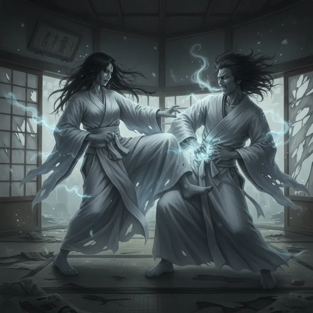 Japanese ghost couple sparring in hand to hand combat