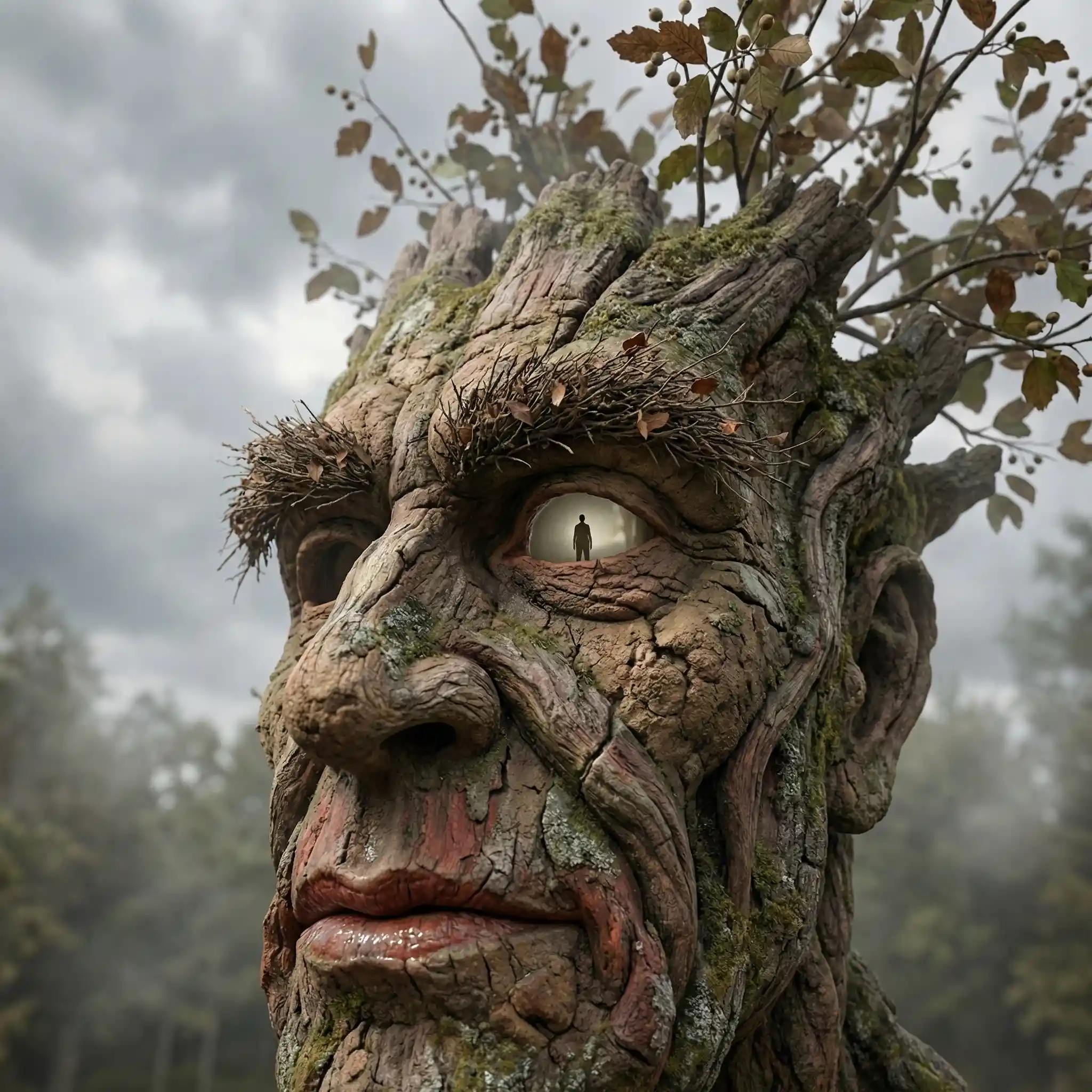 Surrealer baumähnlicher Menschenkopf mit Ästen und wolkigem Himmel