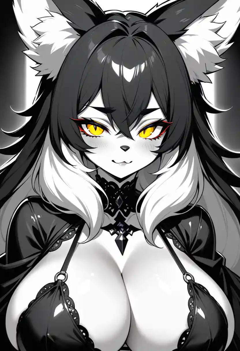 Gothic monochrome furry fox woman with glowing eyes