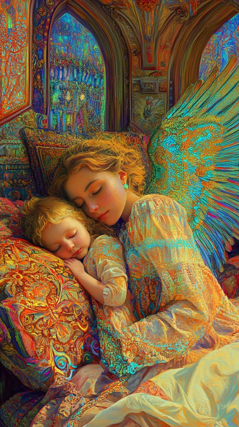 夜、眠る子どもを見守る守護天使