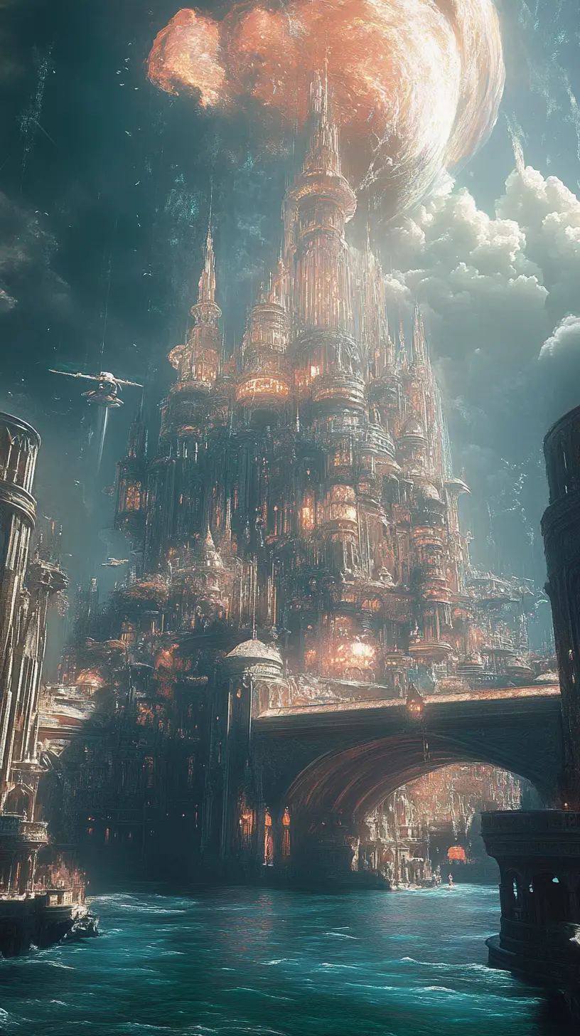Ethereal fantasy city with rising sea monster leviathan