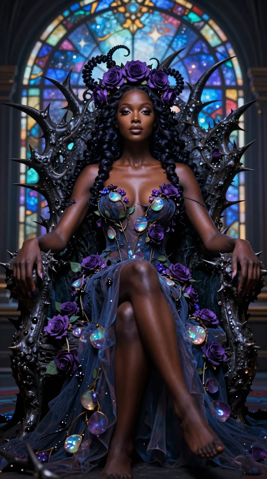 Cinematic portrait of an obsidian rose throne goddess