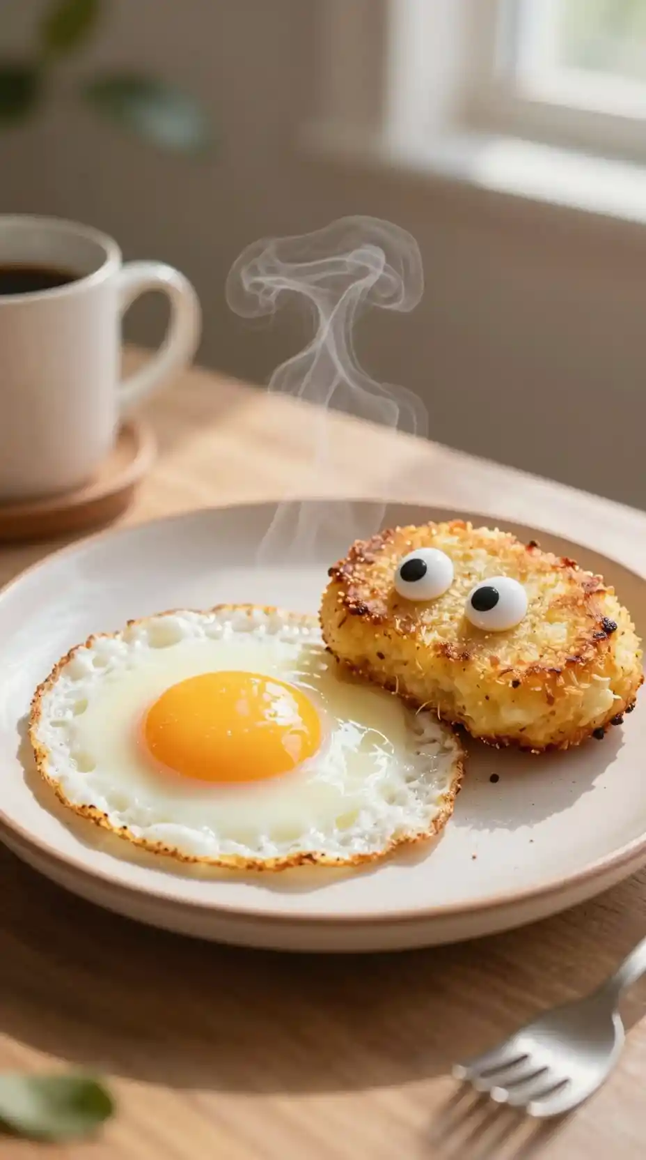 Ovo frito sunny side up e hash brown em prato vintage