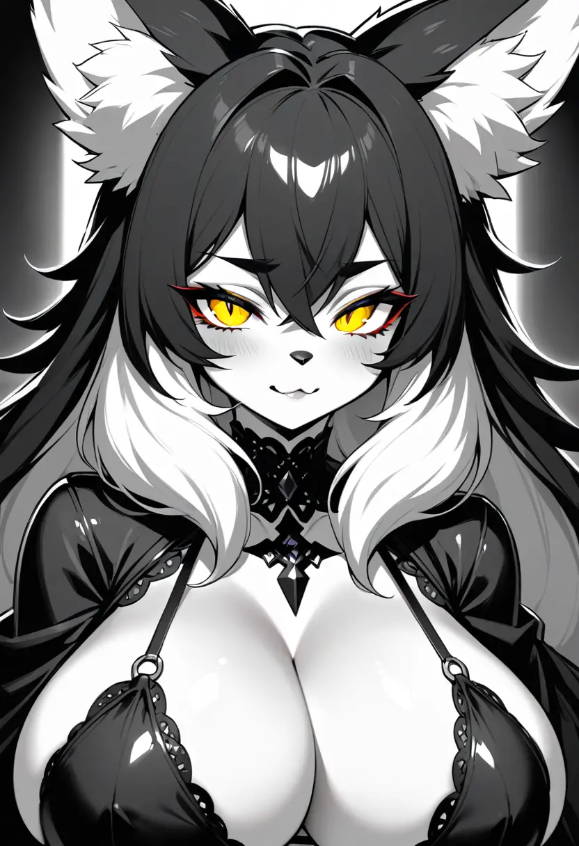 Gothic monochrome furry fox woman with glowing eyes