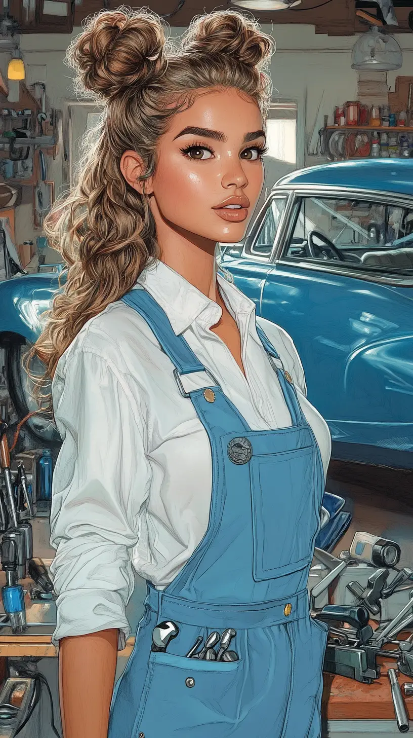 Young woman in blue overalls in vintage car garage