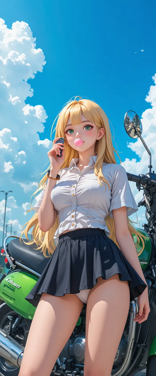 Anime girl with motorcycle under bright blue summer sky
