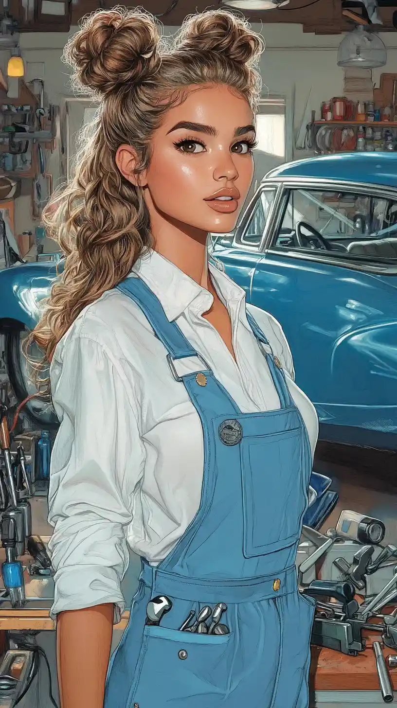 Young woman in blue overalls in vintage car garage