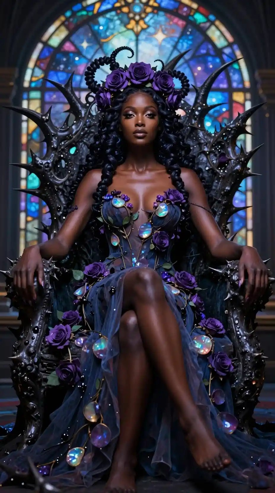 Cinematic portrait of an obsidian rose throne goddess