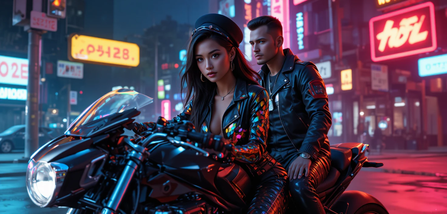 Hyperreal bionic woman riding a chrome cyberpunk motorcycle