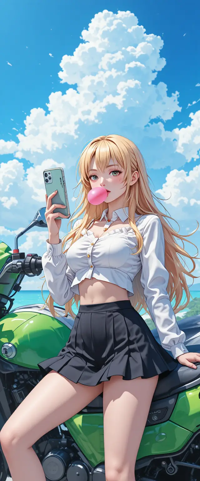 Anime girl with motorcycle under bright blue sky