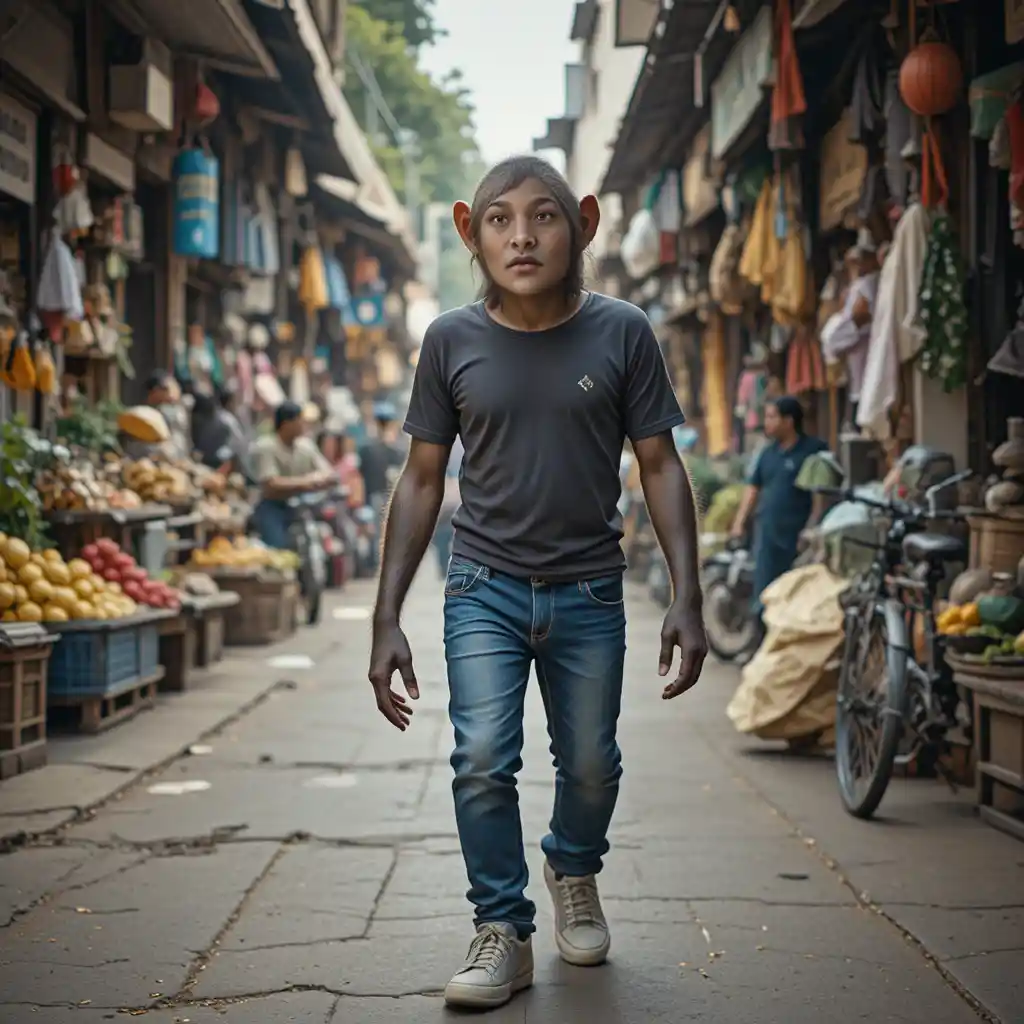 Monkey Walking In An Indian Street Market Wearing Casual Clothes