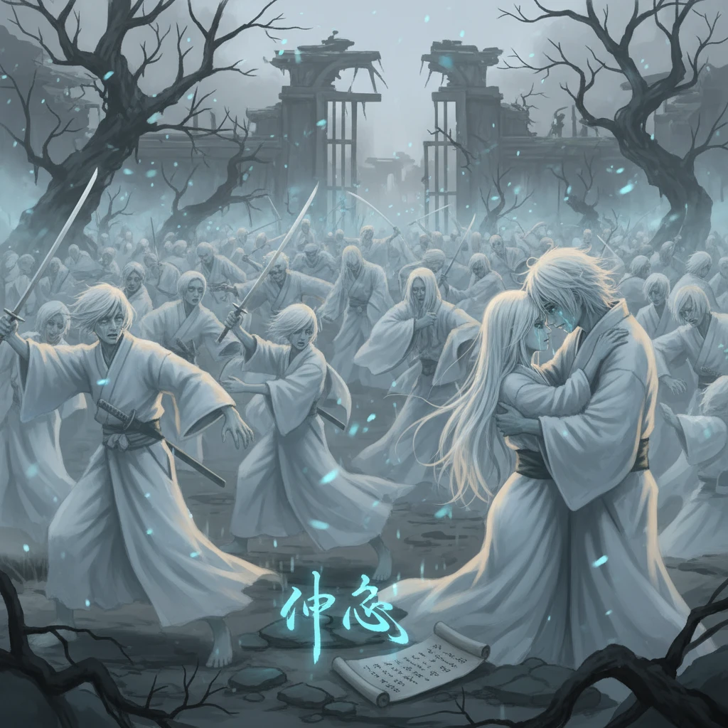 White robed ghostly figures clashing in a chaotic war