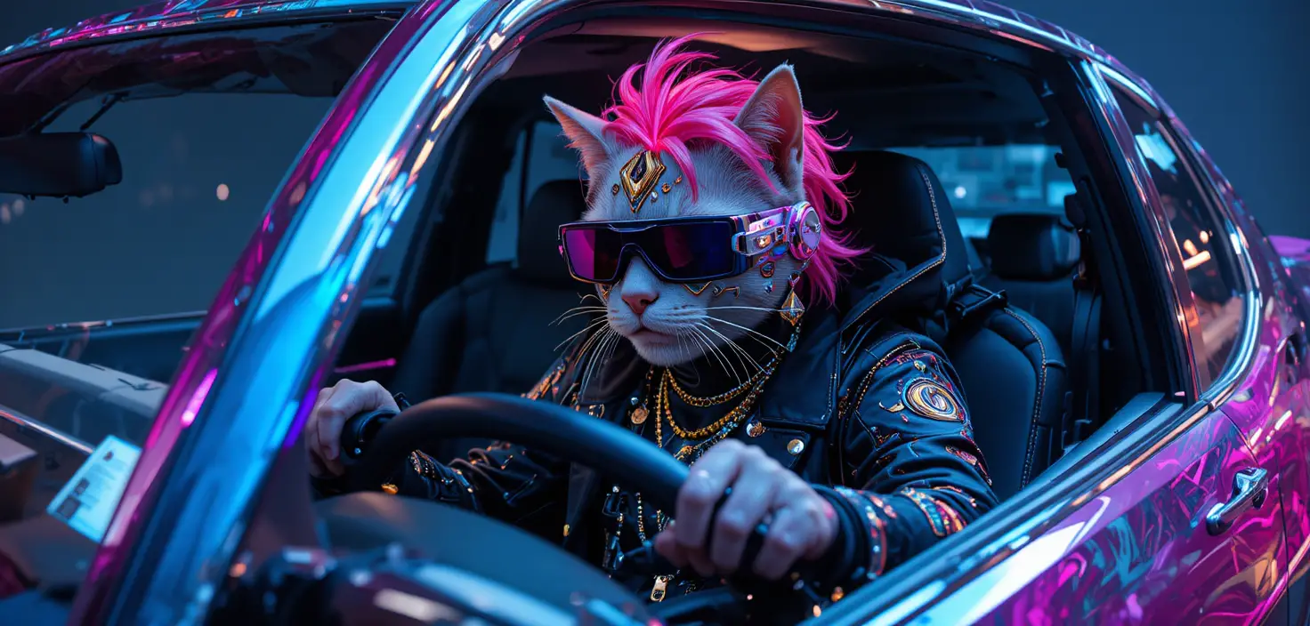Cyberpunk cat driving a luxury car in studio portrait