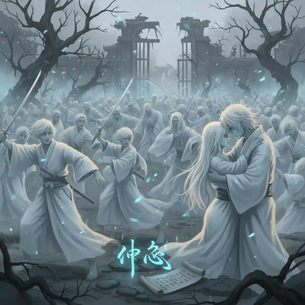White robed ghostly figures clashing in a chaotic war