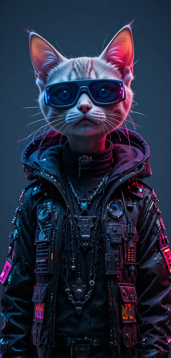 Cyberpunk cat portrait in a neutral studio setting