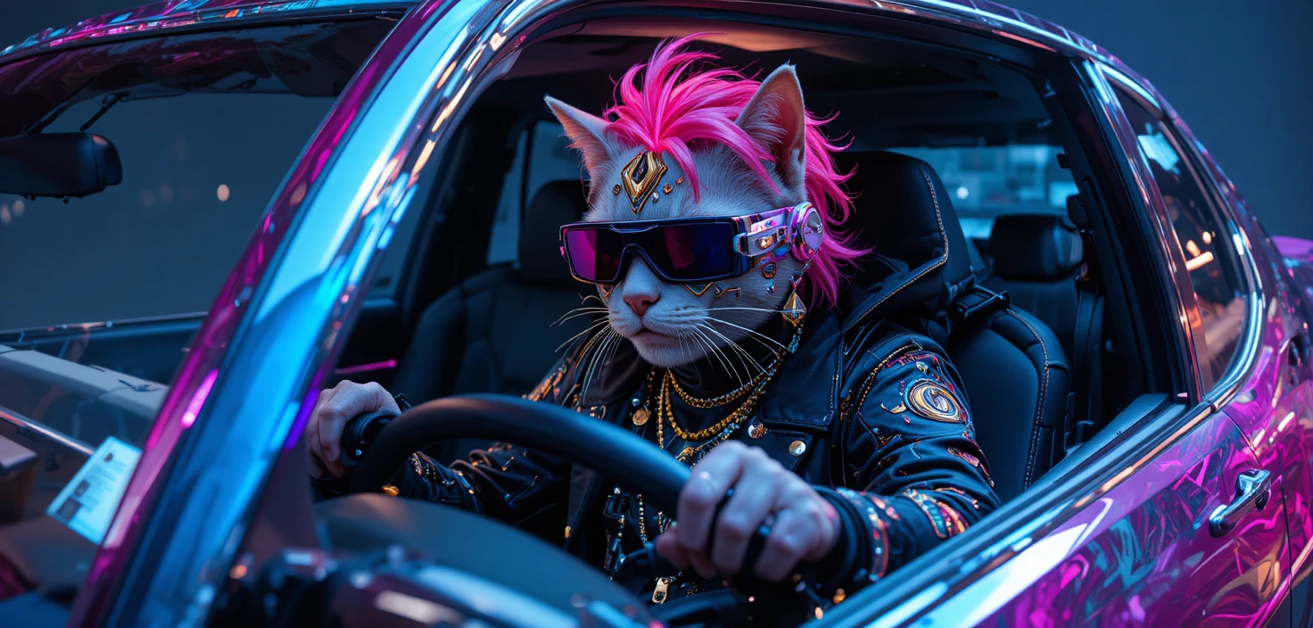 Cyberpunk cat driving a luxury car in studio portrait